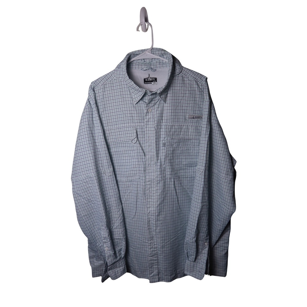 Habit Outdoors Fishing Shirt Mens XL Long Sleeve Plaid Ventilated Blue Grey